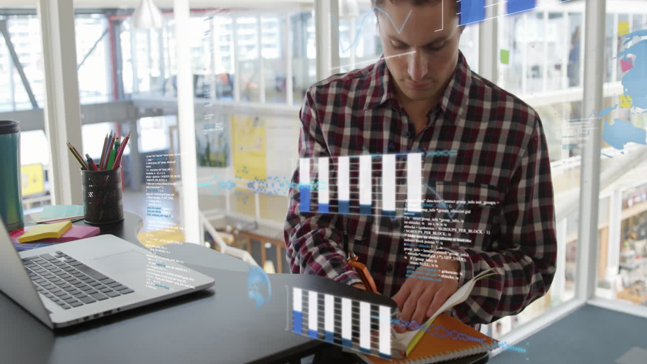 animación del procesamiento de datos financieros sobre el empresario caucásico en el cargo