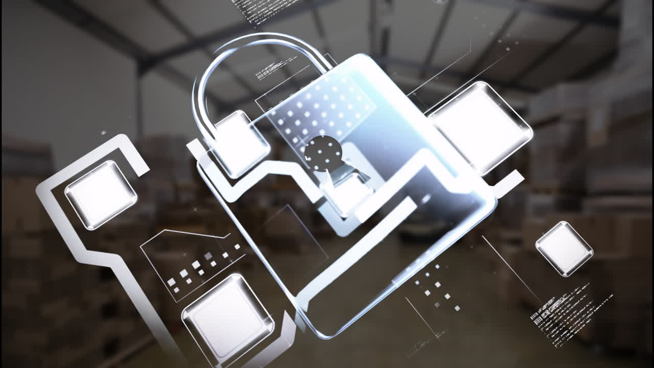 Warehouse with digital lock and data processing animation in background