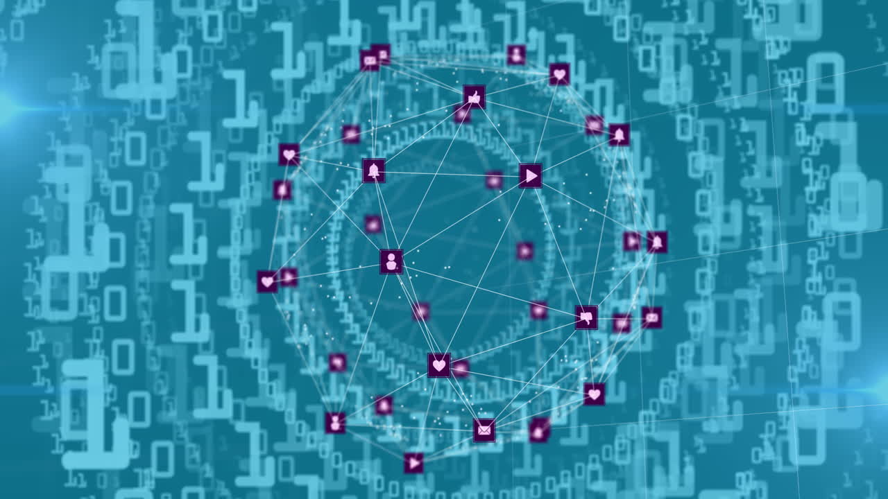 animación de la red de conexiones con iconos sobre codificación binaria