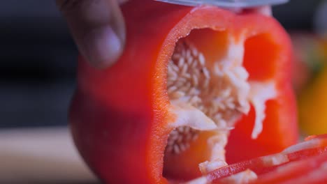 close-up sliced red bell pepper on the cutting board.