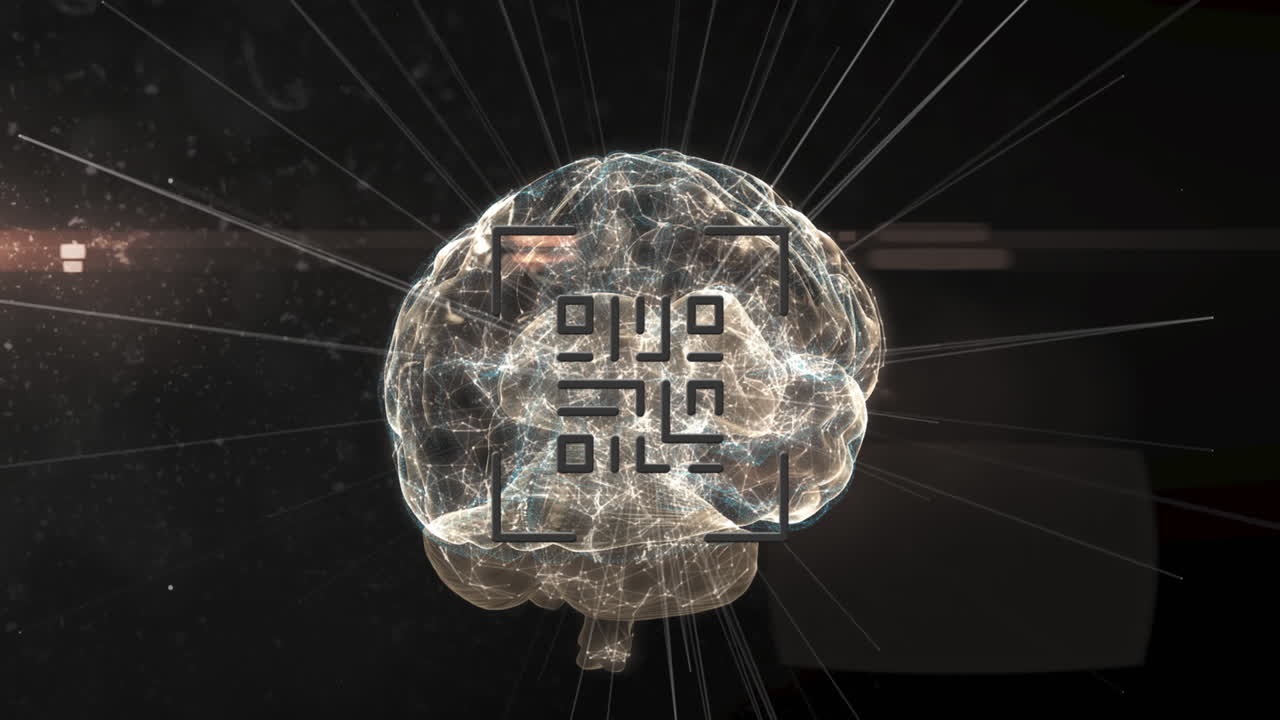 Animation of glowing human brain with qr code digital interface