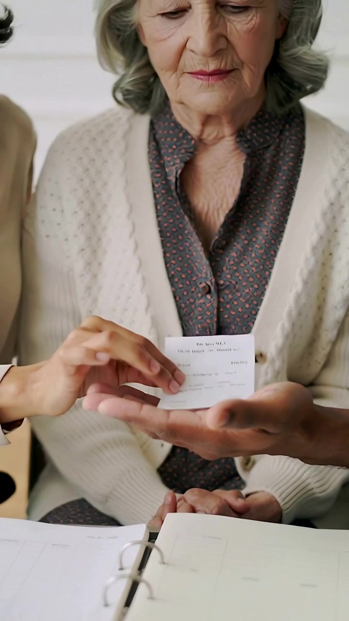 Vertical video: Reaching adult picking slip from planner at home, senior reading in cream cardigan
