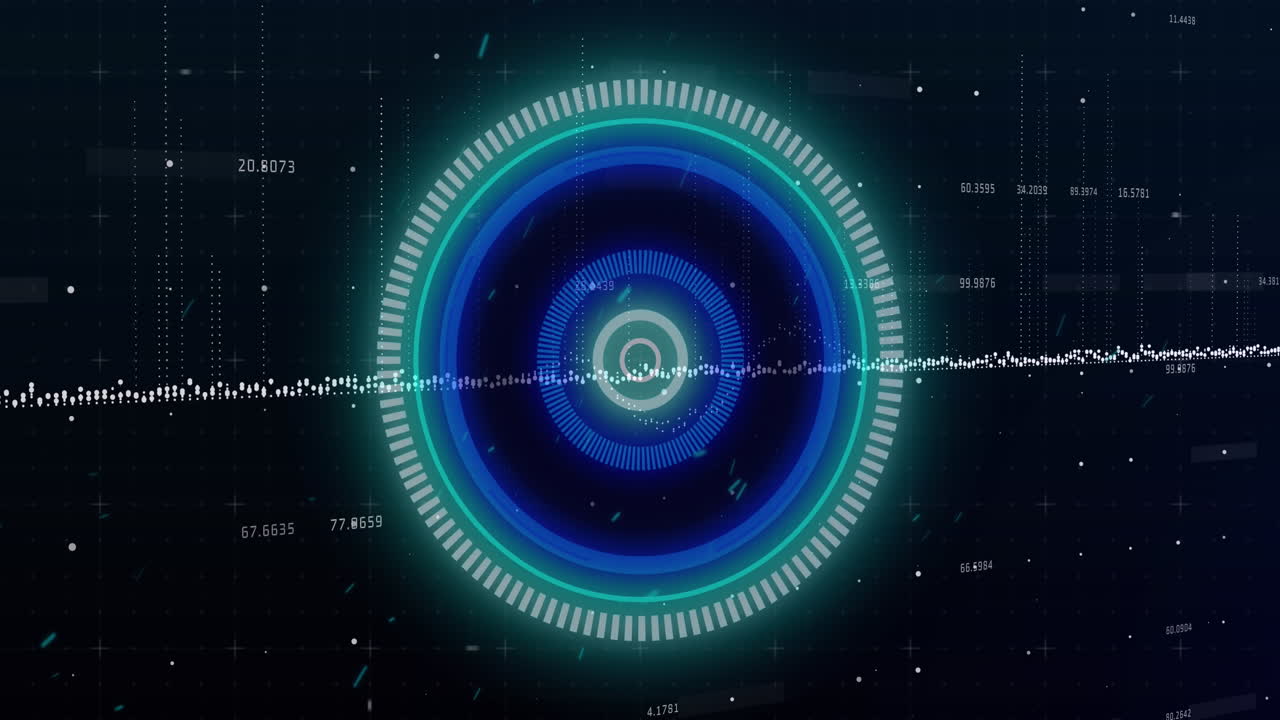검은 바탕에 네온 둥근 스캐너를 통해 데이터 처리 및 색 입자의 애니메이션