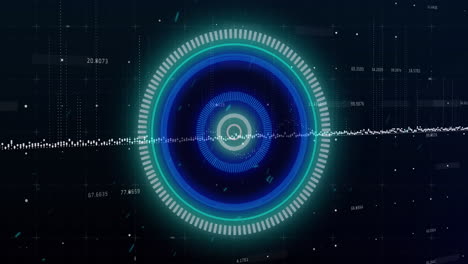 animación del procesamiento de datos y partículas blancas sobre escáner redondo de neón contra fondo negro.