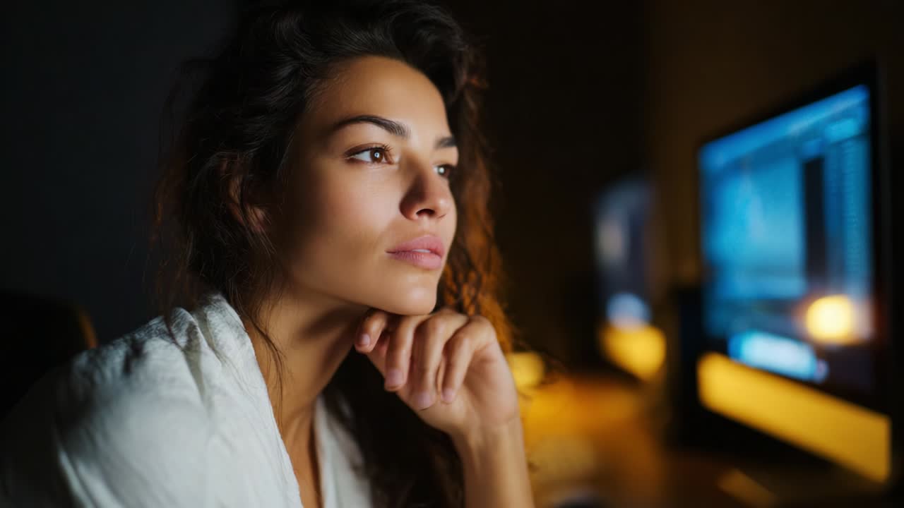 Contemplative Moment: A Woman in a Dimly Lit Room Deep in Thought, Gazing at Computer Screens, Capturing a Sense of Reflection, Focus, and Introspection Amidst the Glow of Technology