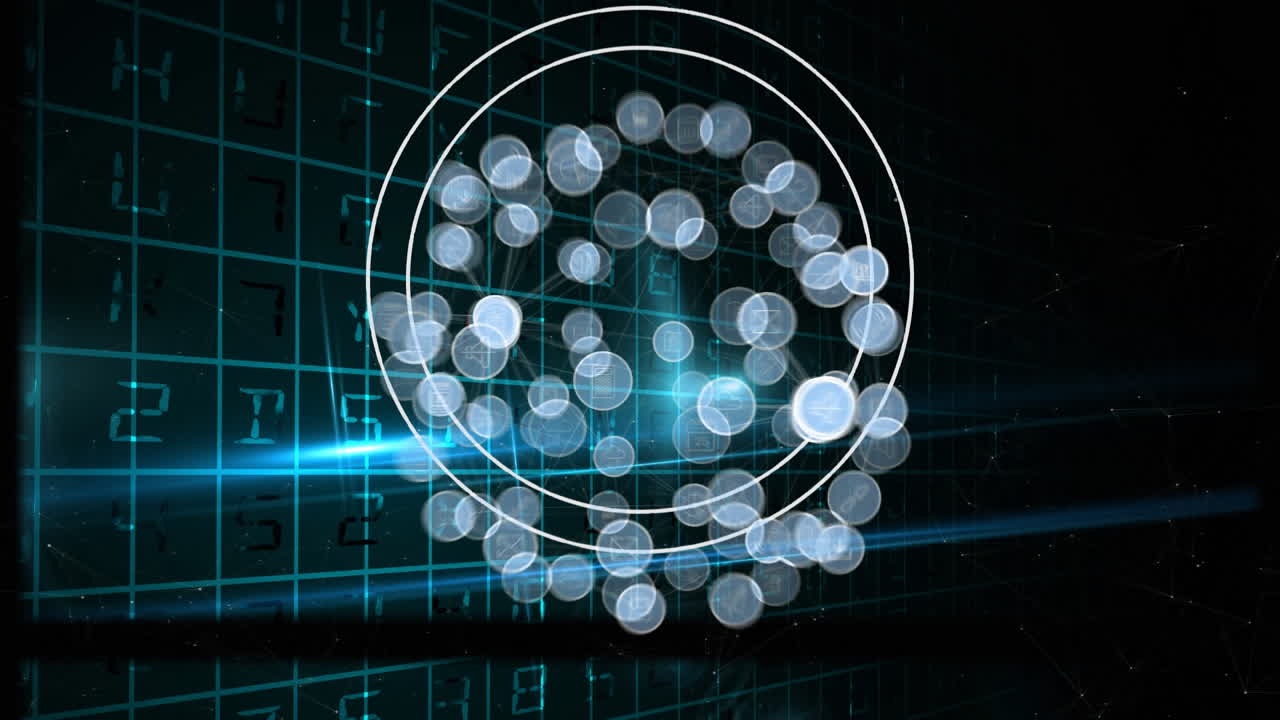 Animation of network of floating icons with data processing and grid on black