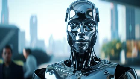 robot portrait in a cityscape