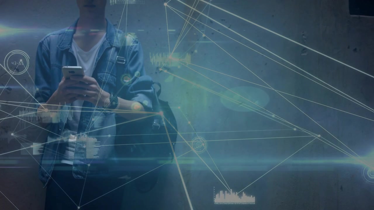 Male student in dim stairwell, looking at smartphone, projecting crystal AR map for navigation