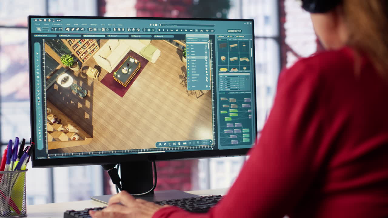 Woman working on 3D interior design rendering on computer