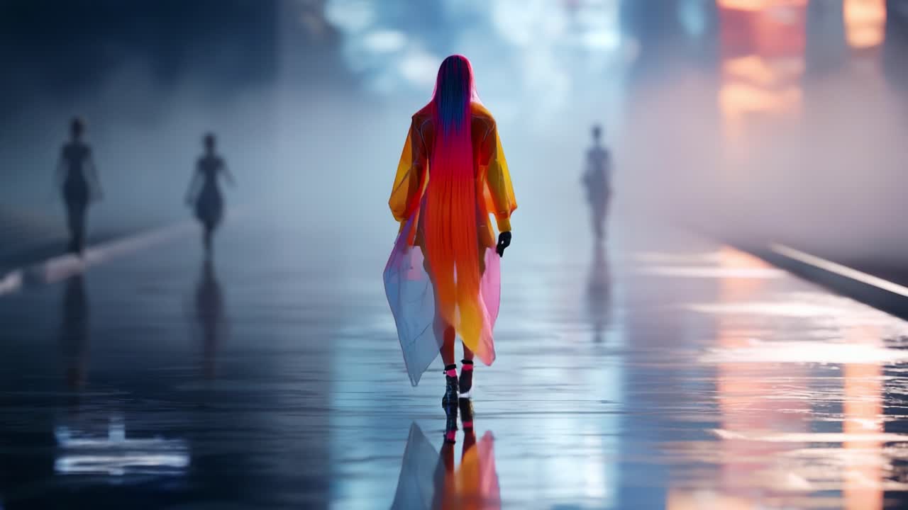 Uma figura vibrante caminha graciosamente por uma passarela reflexiva, envolvida em uma atmosfera mística enquanto luzes coloridas e silhuetas criam um momento de moda encantador