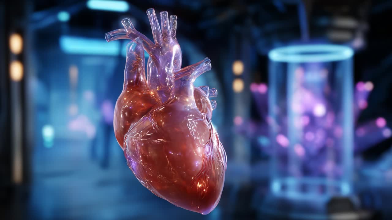 An Intricate 3D Representation of a Human Heart Suspended in a High-Tech Environment, Showcasing Detailed Anatomy with Vivid Colors and a Futuristic Ambiance in the Background