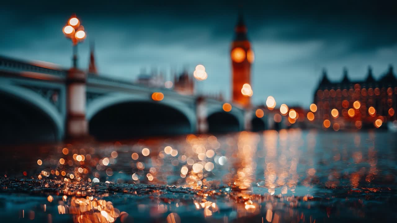 A Stunning Evening View of Iconic Landmarks with Beautiful Bokeh Reflections, Showcasing the Luminous Charm of the City Amidst a Serene Water Surface