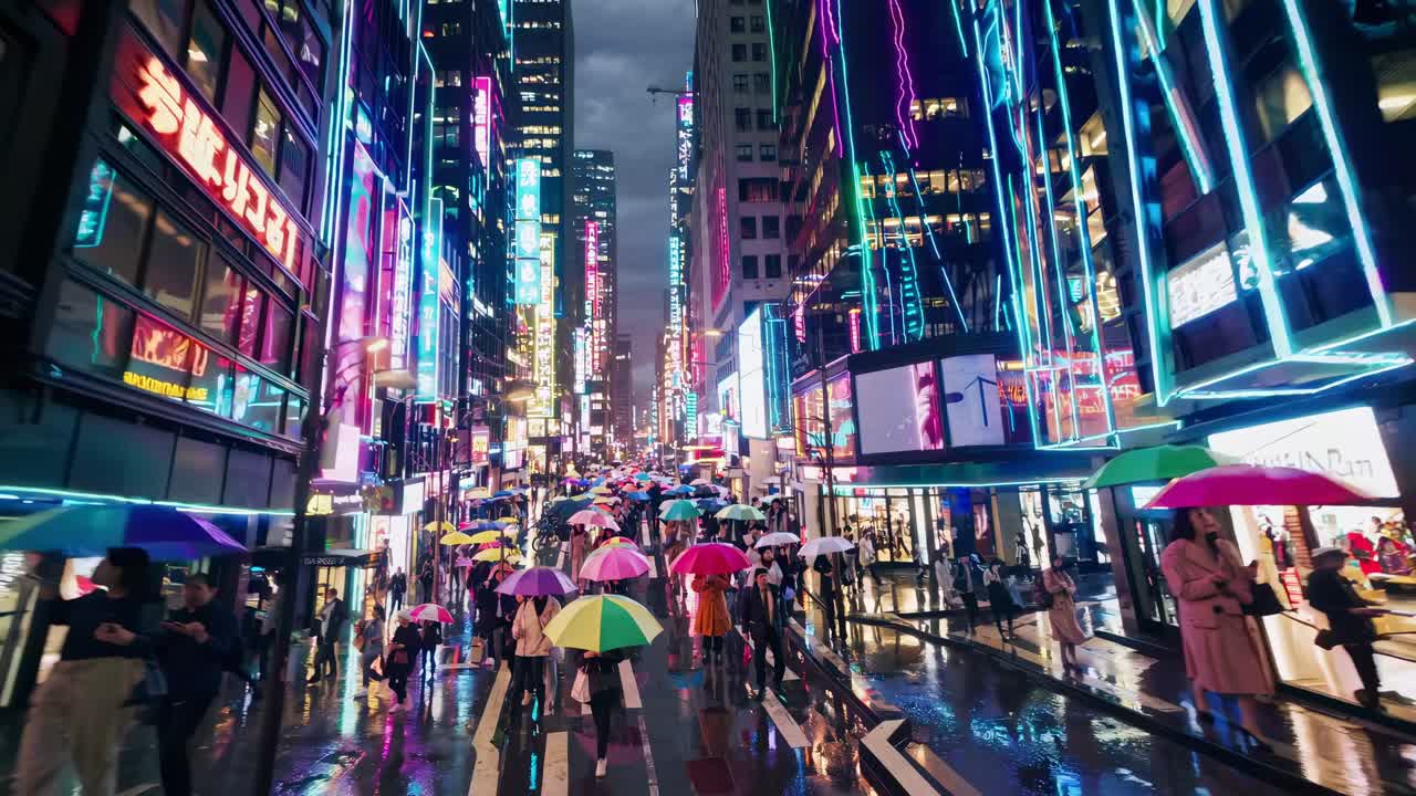 Videooptagelse i gadeplan af folk med paraplyer, der går i en pulserende by om natten, hvor neonlys reflekteres