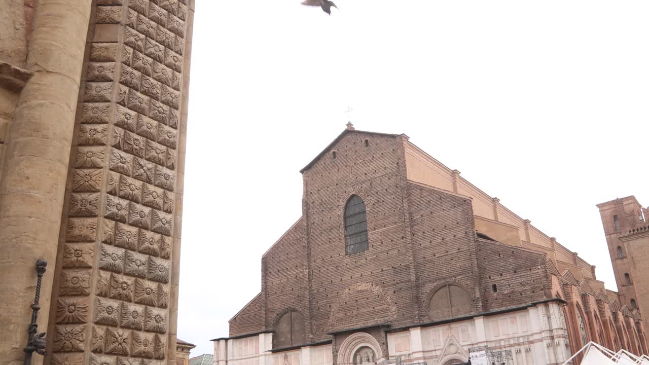 Side view of San Petronio Basilica in Piazza Maggiore, Bologna, Italy.