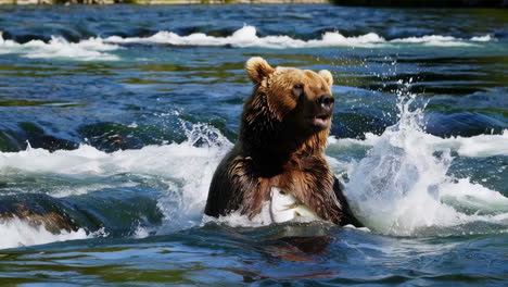 brown bear fishing salmon in a river