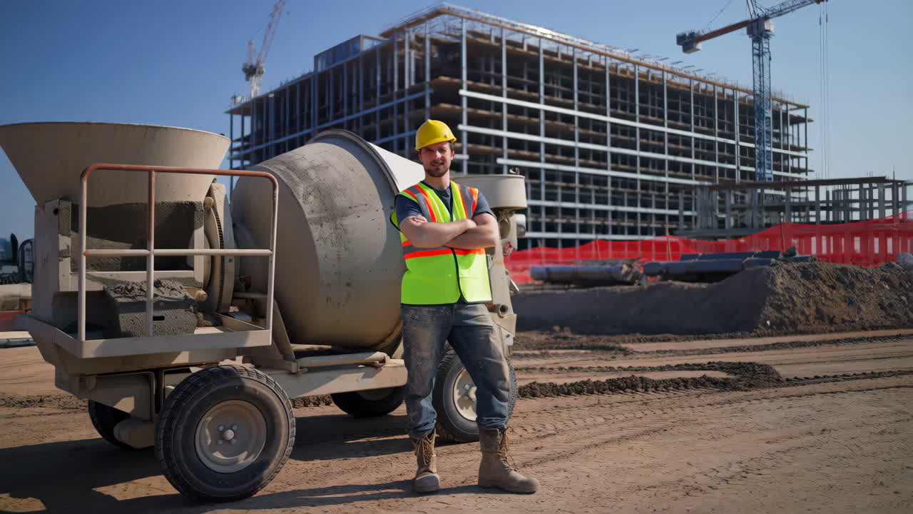 Construction Worker at Concrete Mixer on Building Site