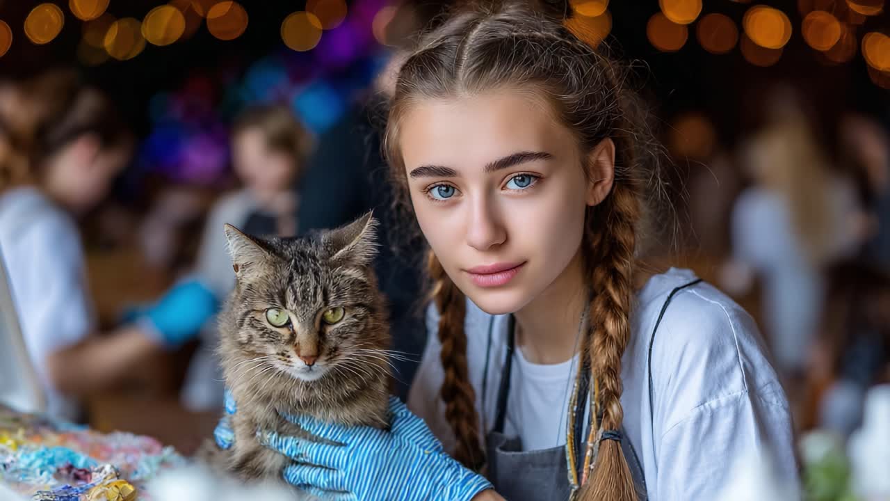 A Young Girl with a Cat at a Colorful Event, Showcasing Their Bond Amidst a Joyful Crowd and Stunning Decorations in the Background
