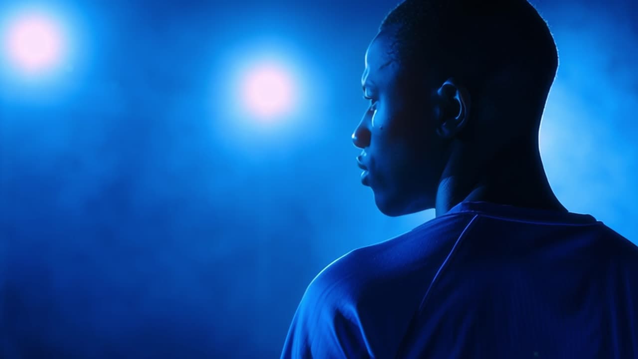 Young Man's Silhouette in Dramatic Blue Light and Smoke