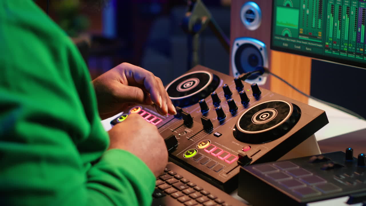 técnico de música con auriculares mezclando y masterizando sus grabaciones de audio