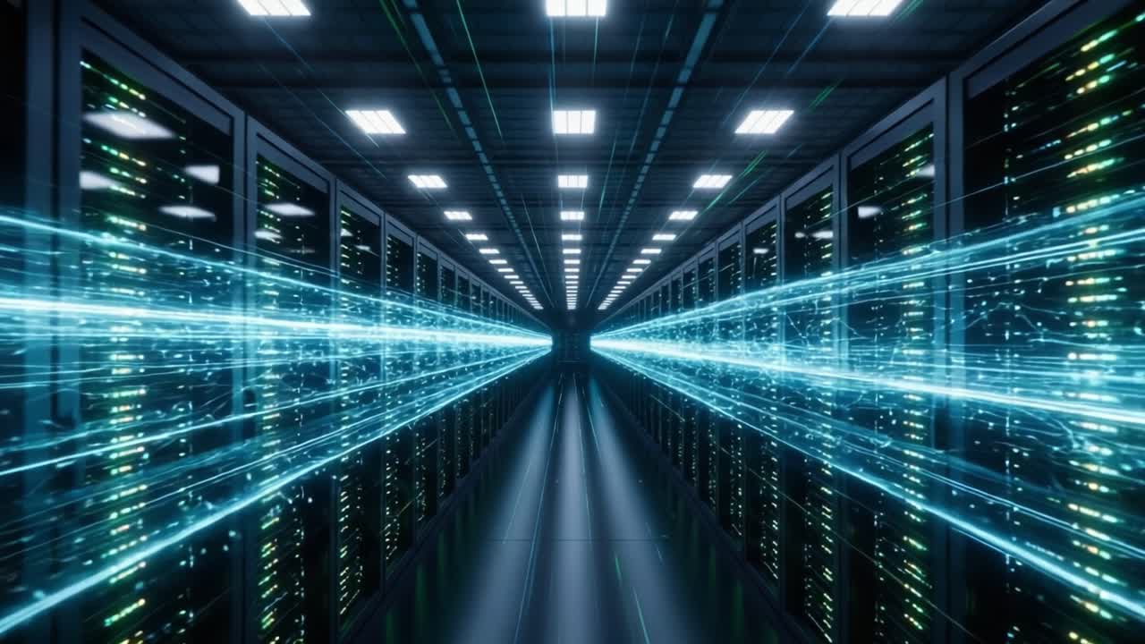 A High-Tech Data Center with Streaming Light Effects Illustrating the Flow of Information and Connectivity in a Modern Digital Infrastructure