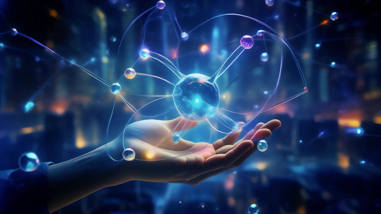 Mano umana che tiene una sfera luminosa di rete neurale digitale