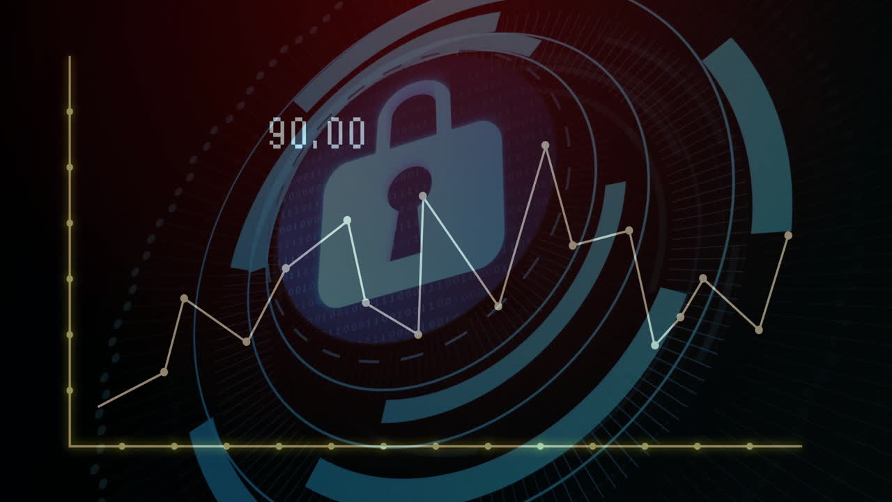 어두운 배경에서 락 아이콘과 디지털 데이터 처리의 애니메이션