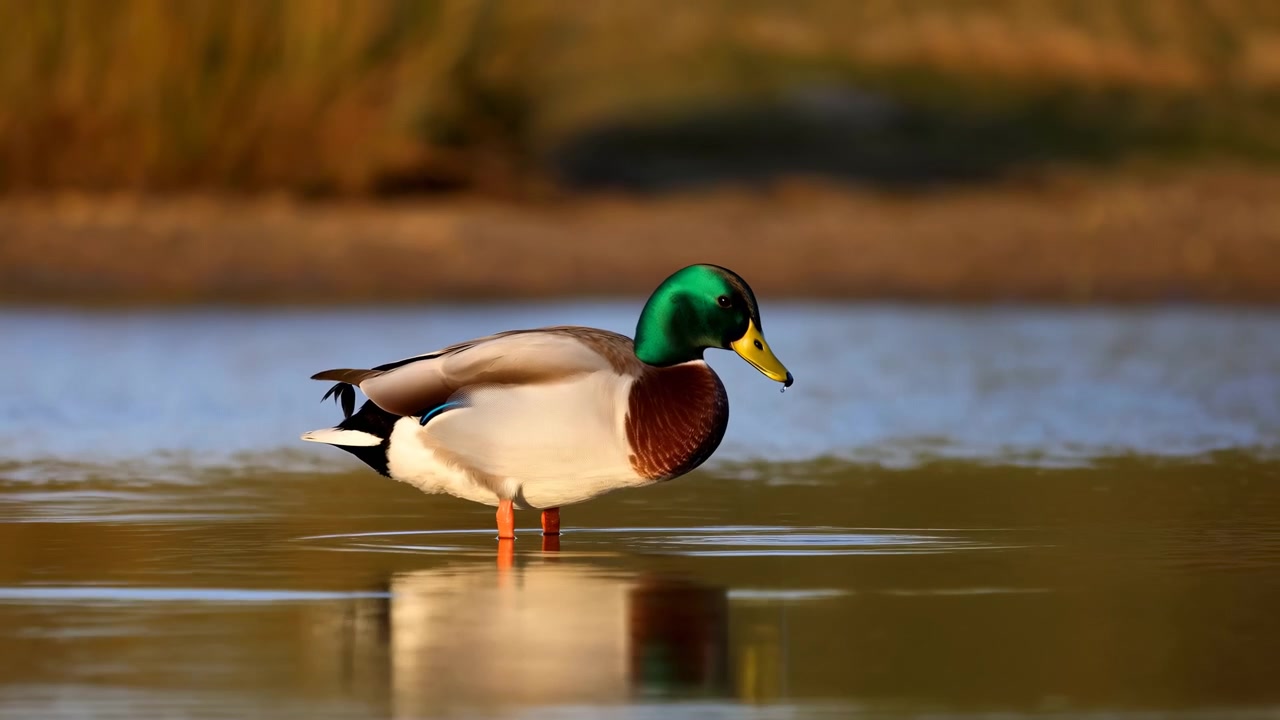 Profilo laterale di un germano reale maschio in uno stagno poco profondo che immerge il becco nell'acqua, creando leggere increspature e un riflesso chiaro sotto un sole caldo e basso, testa verde lucida, becco giallo, collo bianco