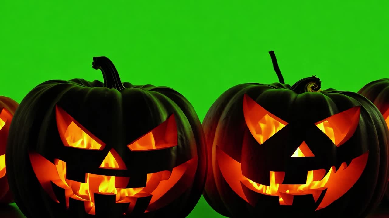 cerca de tres calabazas talladas en una pantalla verde