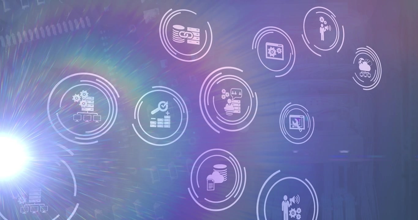 Animation of business icons and light spots over blue background