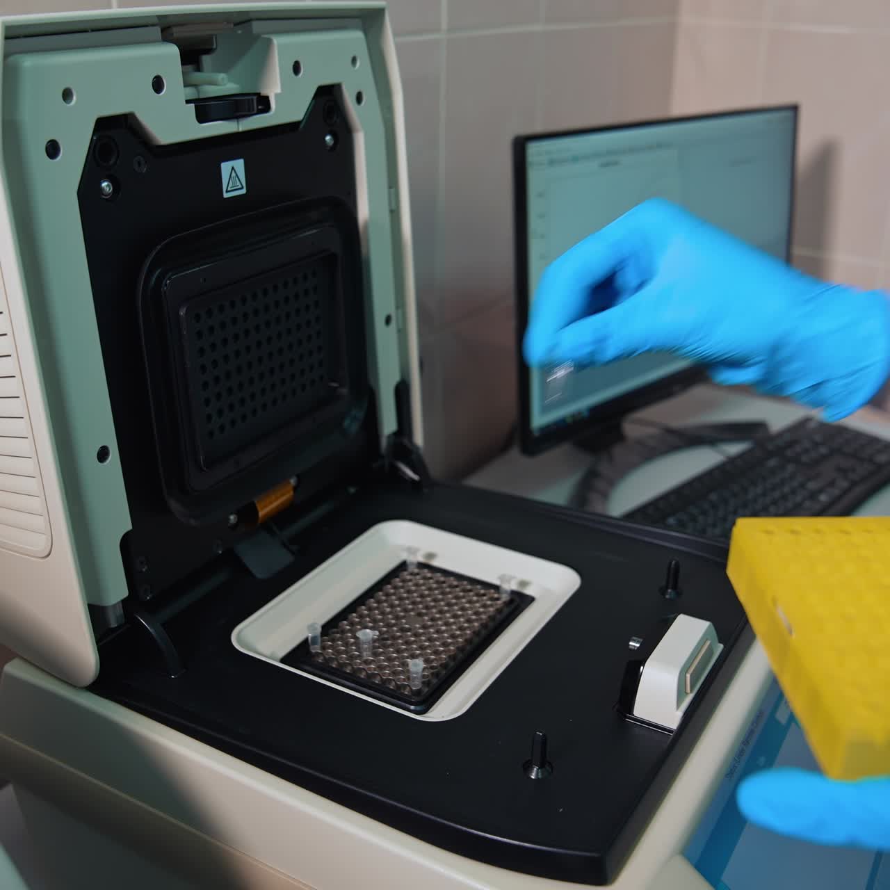Rack with vials for sample collection. Process of testing examination by nurse medic in laboratory lab