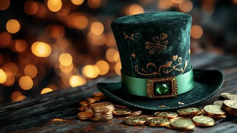 festive green luck hat. a green top hat adorned with shamrocks rests on a wooden surface scattered with gold coins, perfect for festivities.