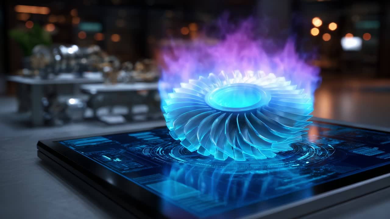 Futuristic Turbine Design with Pulsating Energy Effects Displayed on a Digital Interface, Emphasizing High-Tech Innovations and Cutting-Edge Engineering Concepts in a Sleek, Modern Environment