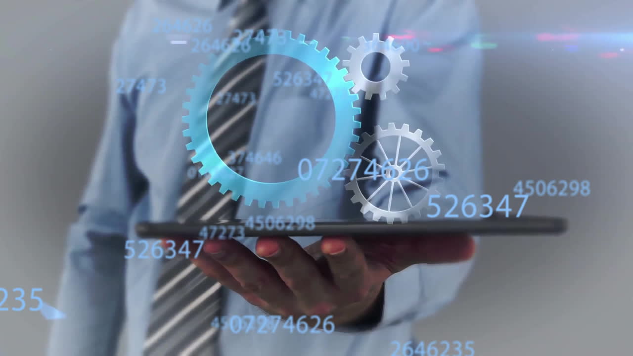 sosteniendo la tableta, hombre de negocios con engranajes y números de animación más