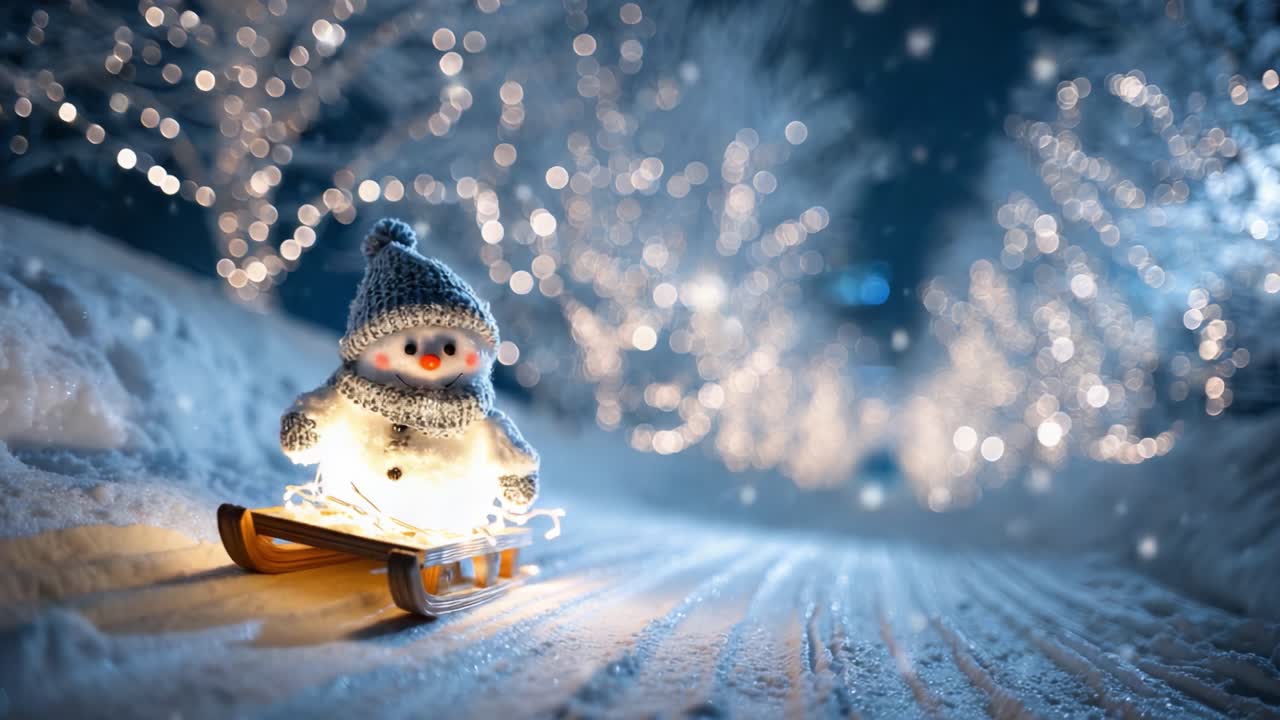 Charming Snowman Journeying on a Sleigh Through a Magical Winter Wonderland Illuminated by Shimmering Lights Amidst Soft Falling Snowflakes
