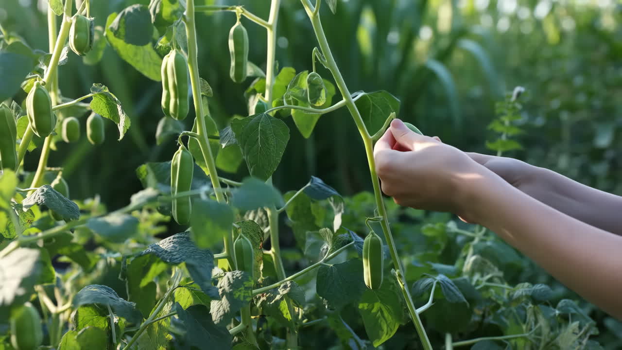 Hands tending to green bean plants in a garden
