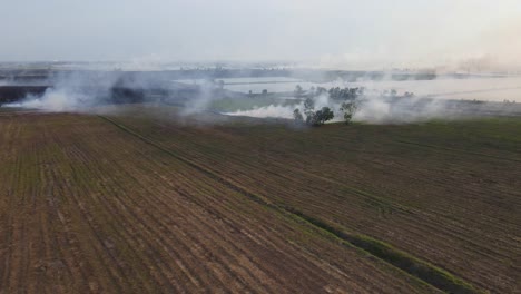 reverse aerial footage of a massive burning of grass in preparation for the planting season, pak pli, nakhon nayok, thailand