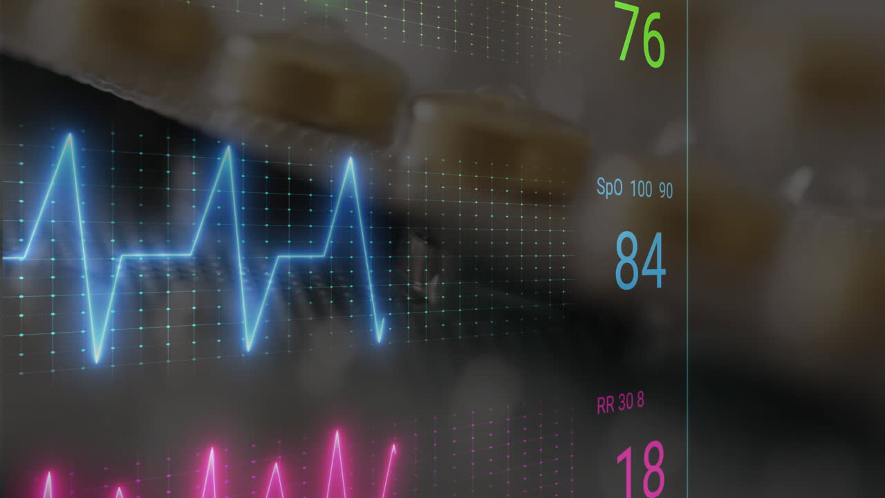Animation of data and cardiographs over pills