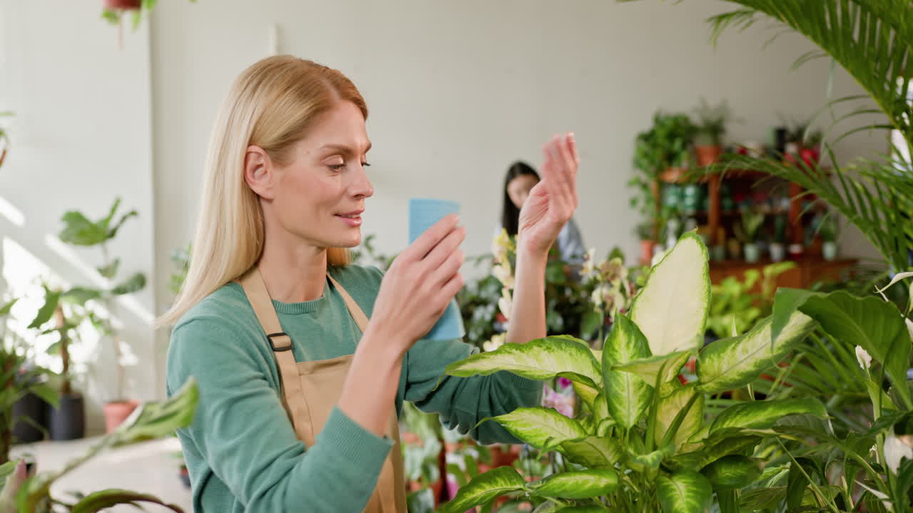 식물 가게 에서 식물 을 돌보는 여자 들