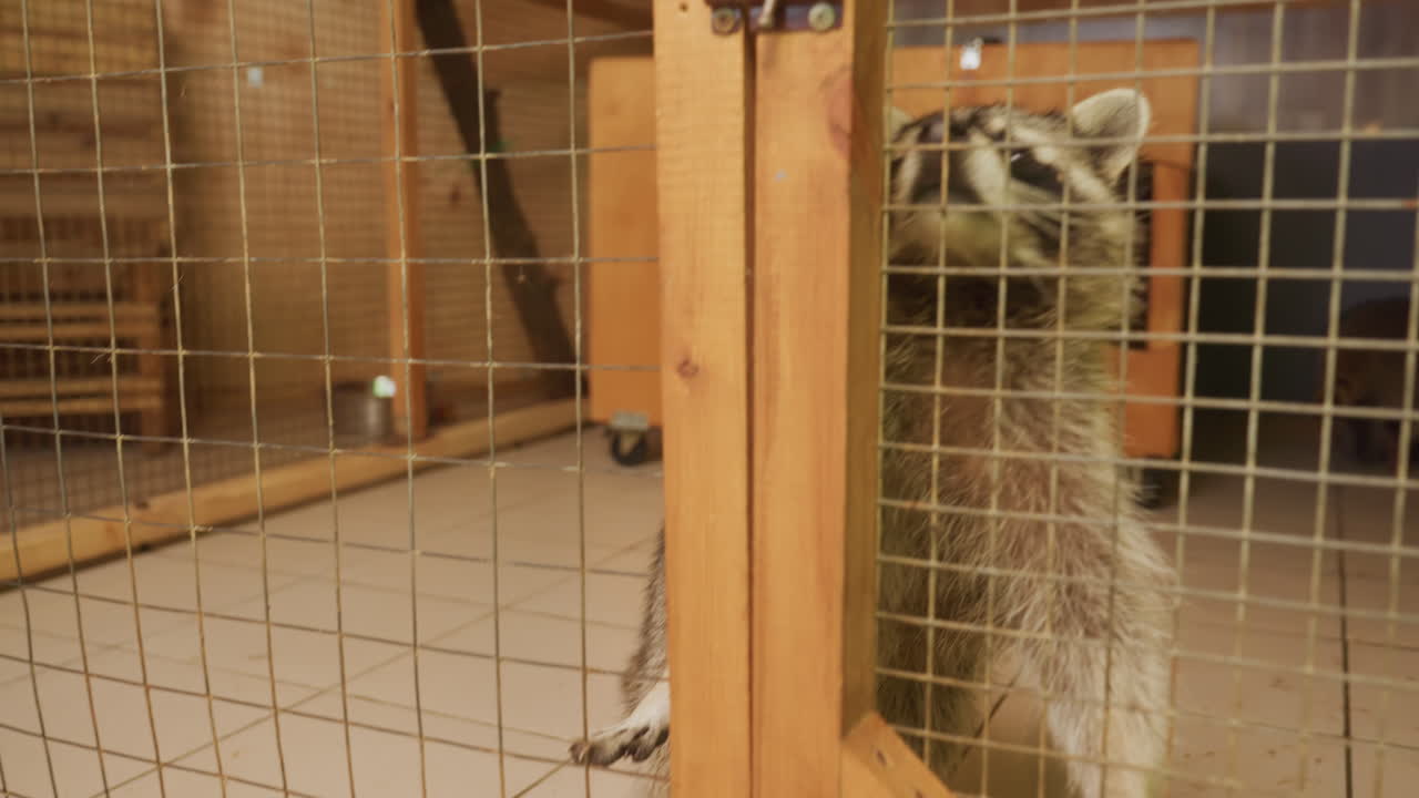 wasbeer in een kooi die een houten verblijf verkent, snuift aan de tegelvloer en krabt aan gaas, cirkelt rond in het kennel, probeert het slot te openen en gluurt door het rooster, sfeer van een overdekte reddingsfaciliteit, warme houttinten en zacht