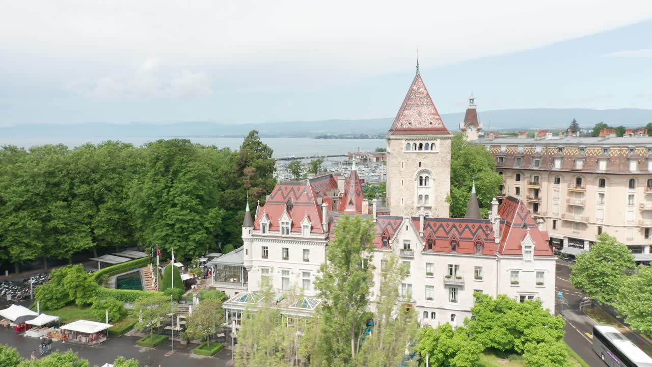 Aerial of the front of Chateau d'Ouchy in Lausanne, Switzerland