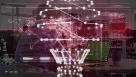 animación de una pantalla digital con conexiones a través de un anciano caucásico que usa una computadora portátil