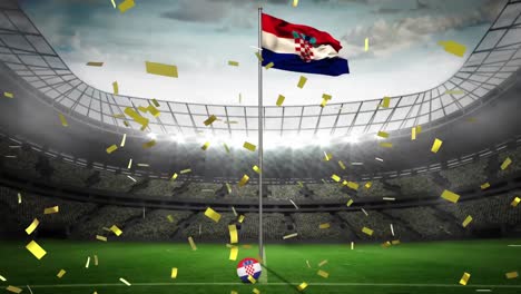 Animation-Von-Goldenem-Konfetti,-Das-Im-Sportstadion-über-Die-Flagge-Kroatiens-Fällt