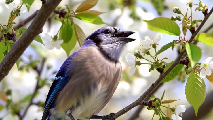 A Captivating Display of Nature: A Vibrant Bird Singing Amidst Blossoming Flowers in a Beautiful Spring Environment