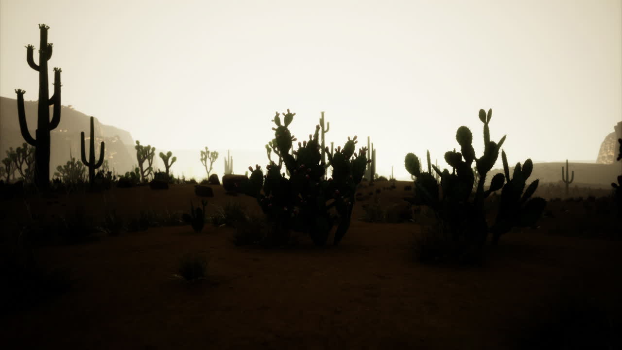 paisaje desértico con cactus siluetados bajo un cielo brillante durante el crepúsculo