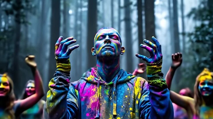 A group of people covered in colored powder in the woods