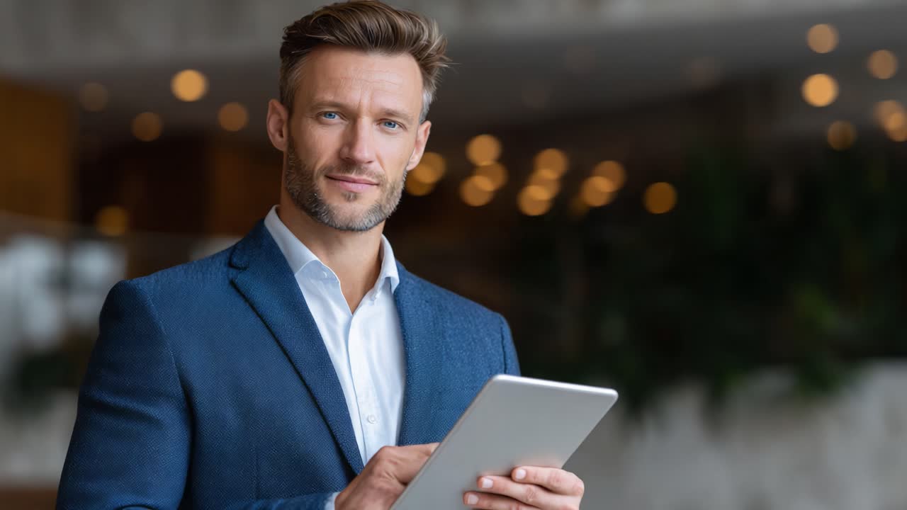Professionista sicuro di sé che utilizza la tecnologia: un uomo elegante in abbigliamento professionale che usa attivamente un tablet in un ambiente moderno e ben illuminato
