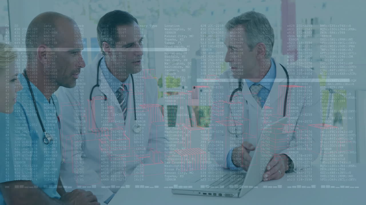 Three male doctors discussing patient data in medical office, showcasing floating code and charts