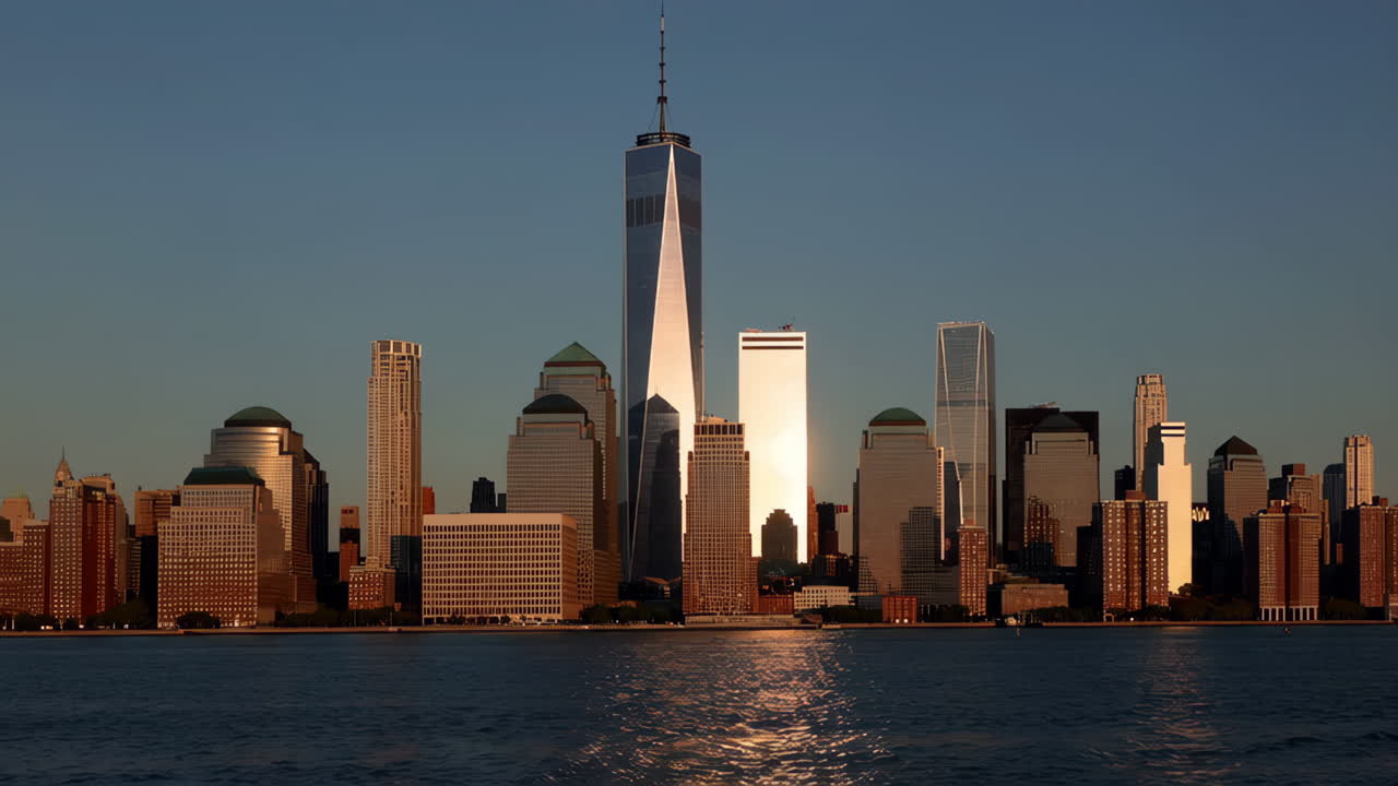 New York City Skyline with One World Trade Center at Sunset