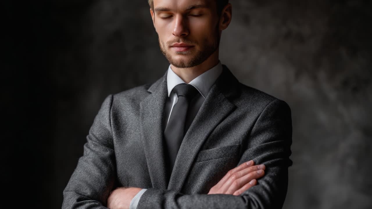 A Confident Young Man in Formal Attire Poses with Arms Crossed Against a Subdued Background, Exuding Professionalism and Poise in All Lighting Conditions