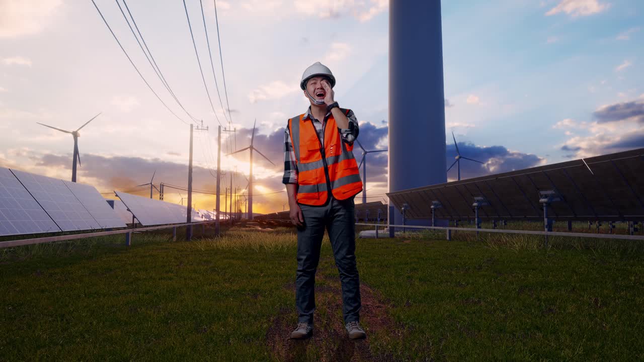 Full Body Of Asian Male Engineer With Safety Helmet Yelling With Hand Over Mouth While Standing With Solar Panel and Wind Turbines